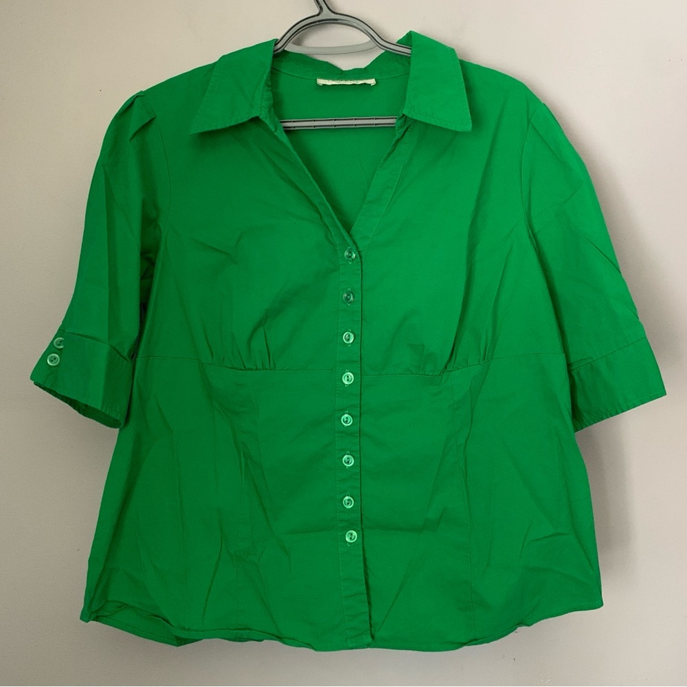 Laura Plus Petites Green Button-Up Blouse Short Sleeve Collared Top Size 2X